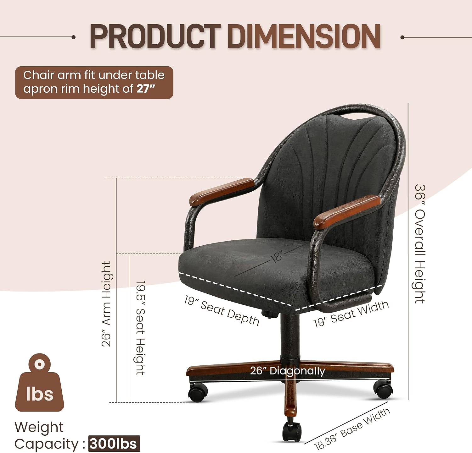 Chromcraft Oakstone Fog Swivel Dining Chairs with Casters, Set of 1 – Luxury Upholstered Kitchen & Dining Room Chairs with Arms, Ergonomic Tilt & Swivel Comfort - CM188YWZ