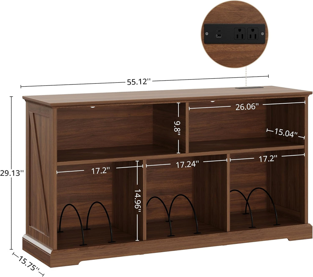 IRONCK 55in Mid-Century Modern Record Player Stand, Record Player Cabinet with Charging Station & USB Ports, Vinyl Record Storage Cabinet with Open Shelf for Living Room, Music Room, Walnut