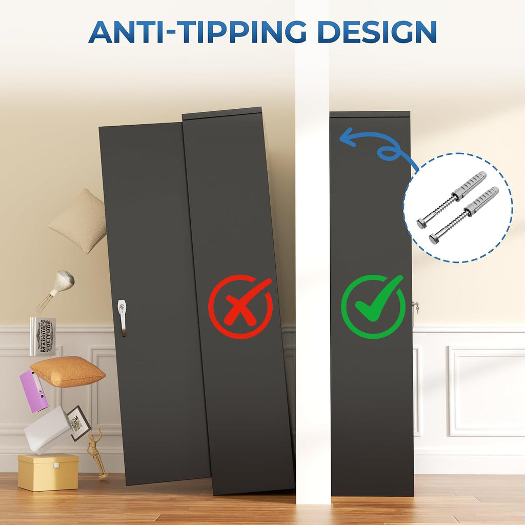 INTERGREAT Metal Wardrobe Cabinets with Lock, 72" Clothing Storage Cabinets with Hanging Rod and 4 Adjustable Shelves, Armoire Wardrobe for Office, School, Employee, Government, Black