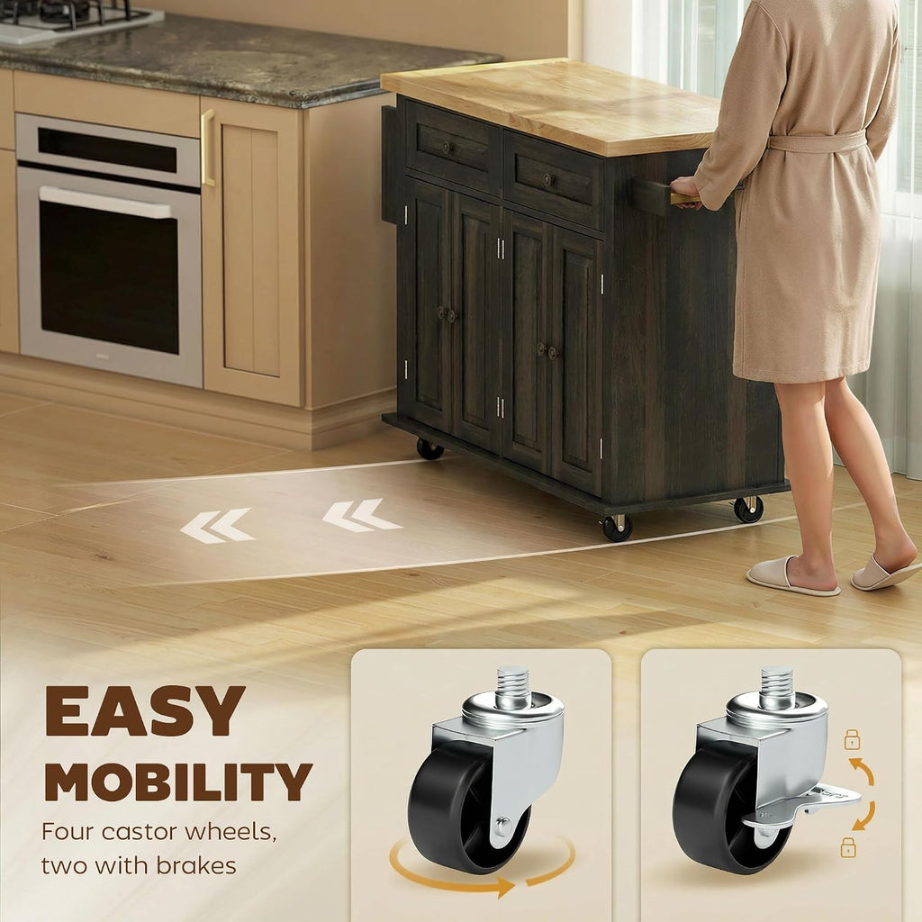 HOMCOM Kitchen Island Cart with Solid Wood Top 44" Mobile Brown Oak | Kitchen Island Table, on Wheels, Storage Cabinets, 2 Drawers, Adjustable Shelves, Spice Rack & Towel Bar, for Dining Room