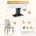 Modern Dining Table Set for 6, Marble Kitchen Table Chair Set for 6, Rectangular Kitchen Table with 6 Pu Leather Upholstered Chair for Dining Room