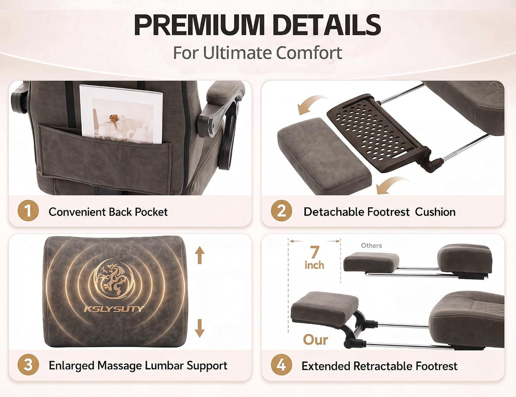 Office Desk Computer Gaming Chair for Adults, Ergonomic High Back Gamer Chair with Massage and Pocket Spring Cushion, Swivel Comfy Video Game Chairs with Footrest and Lumbar Support (Pro Grey)