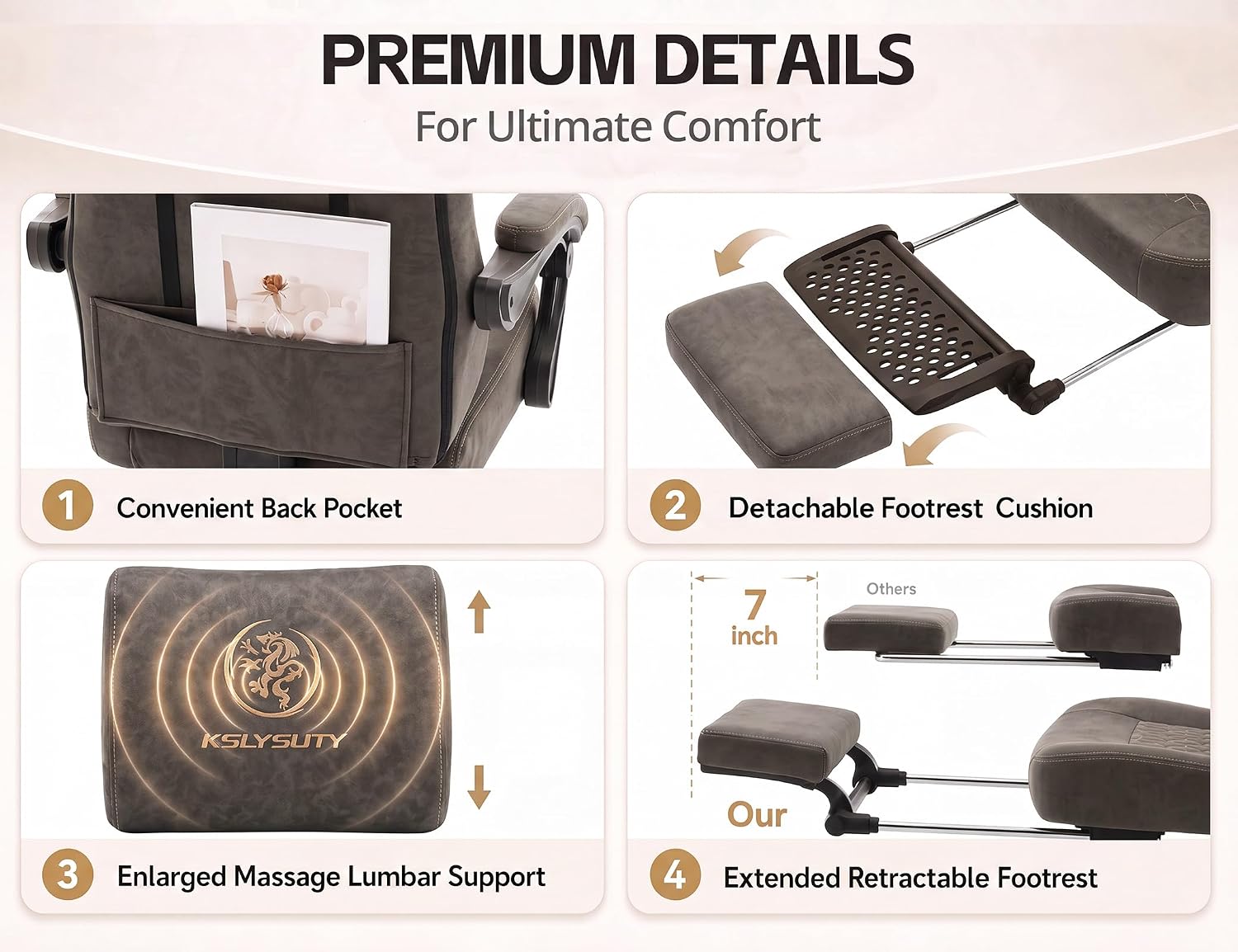 Office Desk Computer Gaming Chair for Adults, Ergonomic High Back Gamer Chair with Massage and Pocket Spring Cushion, Swivel Comfy Video Game Chairs with Footrest and Lumbar Support (Pro Grey)