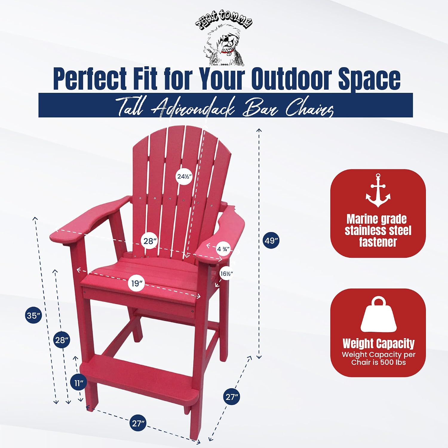 Phat Tommy Tall Adirondack Chair - HDPE Outdoor Furniture - Poly Adirondack Bar Stool - Heavy, Stress Free Furniture for Balcony, Deck, Patio, Front Porch, Cranberry Red