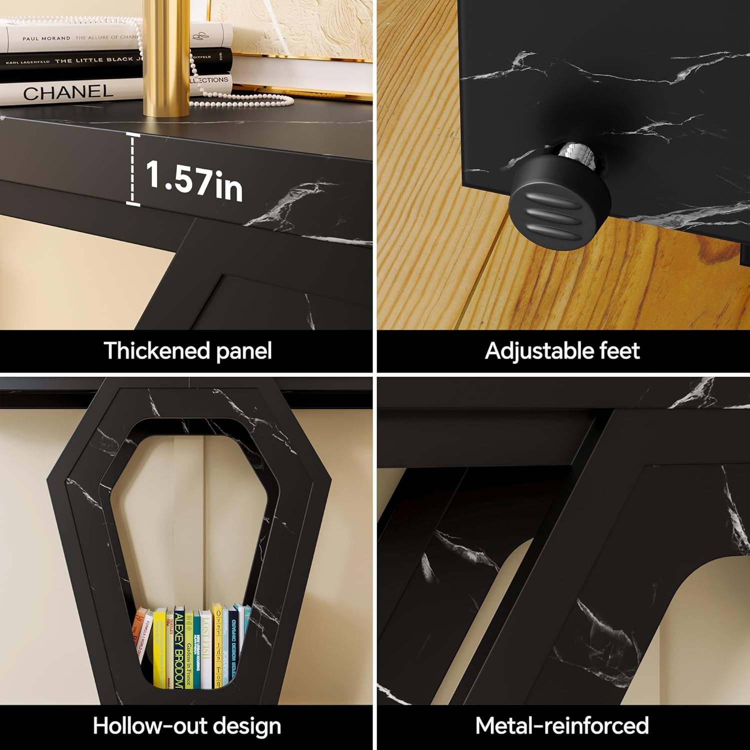 FUSUNBAO 47.3" Console Table,Openwork Bracket Sofa Table, Wood Narrow Entryway Table for Hallway, Behind The Couch, Living Room, Foyer, Easy Assembly (Black Marble Texture)