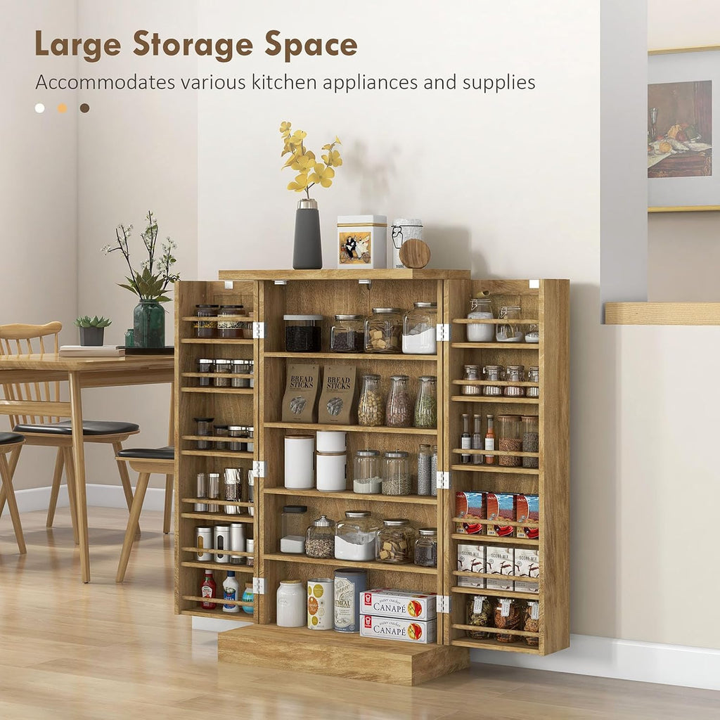 Pantry Storage Cabinet, 41" Kitchen Freestanding Kitchen Cabinet with 12 Door Shelves, Double Doors, 5-Tier Shelving and Adjustable Shelves, Natural