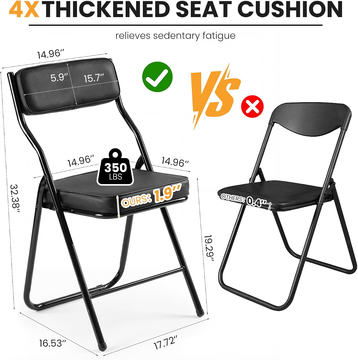 2 Pack Black Padded Folding Chairs, PU Leather Foldable Chairs with Thickened Cushion Seat & Back, Steel Frame Portable Reception Chair for Home Office Indoor Outdoor Commercial Events