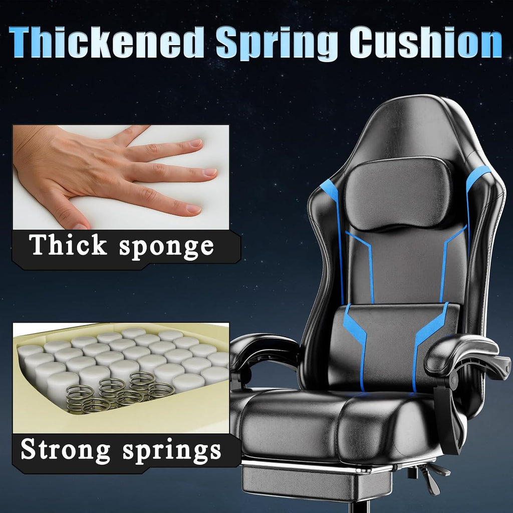 Ergonomic Gaming Chair, Video Game Chair with Pocket Spring Cushion and Footrest, Height Adjustable Computer Chair with Swivel Seat and Headrest (Blue)