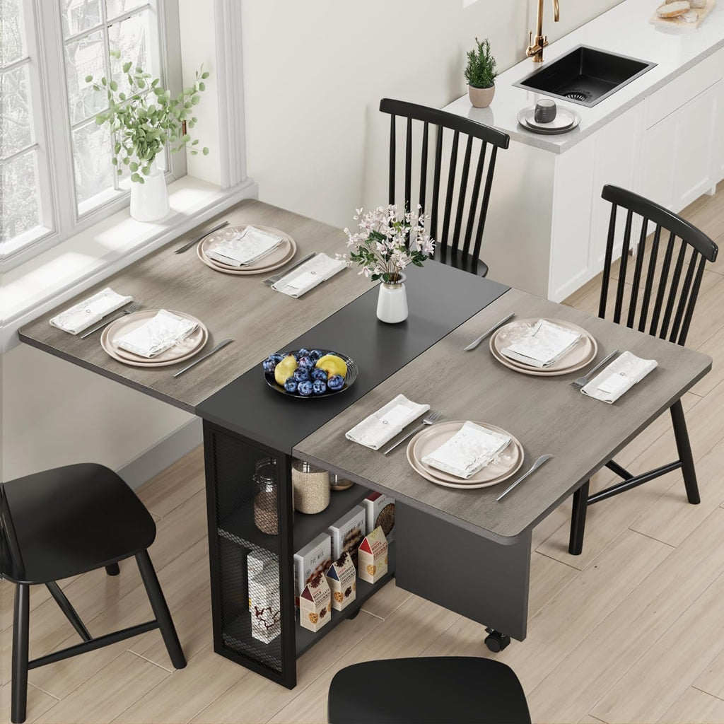 CABIHOME 50" Space Saving Folding Dining Table with 2 Tier Storage-Extendable Drop Leaf Farmhouse Kitchen Dining Room Tables Set for 4, Collapsible Expandable Rectangle, Grey