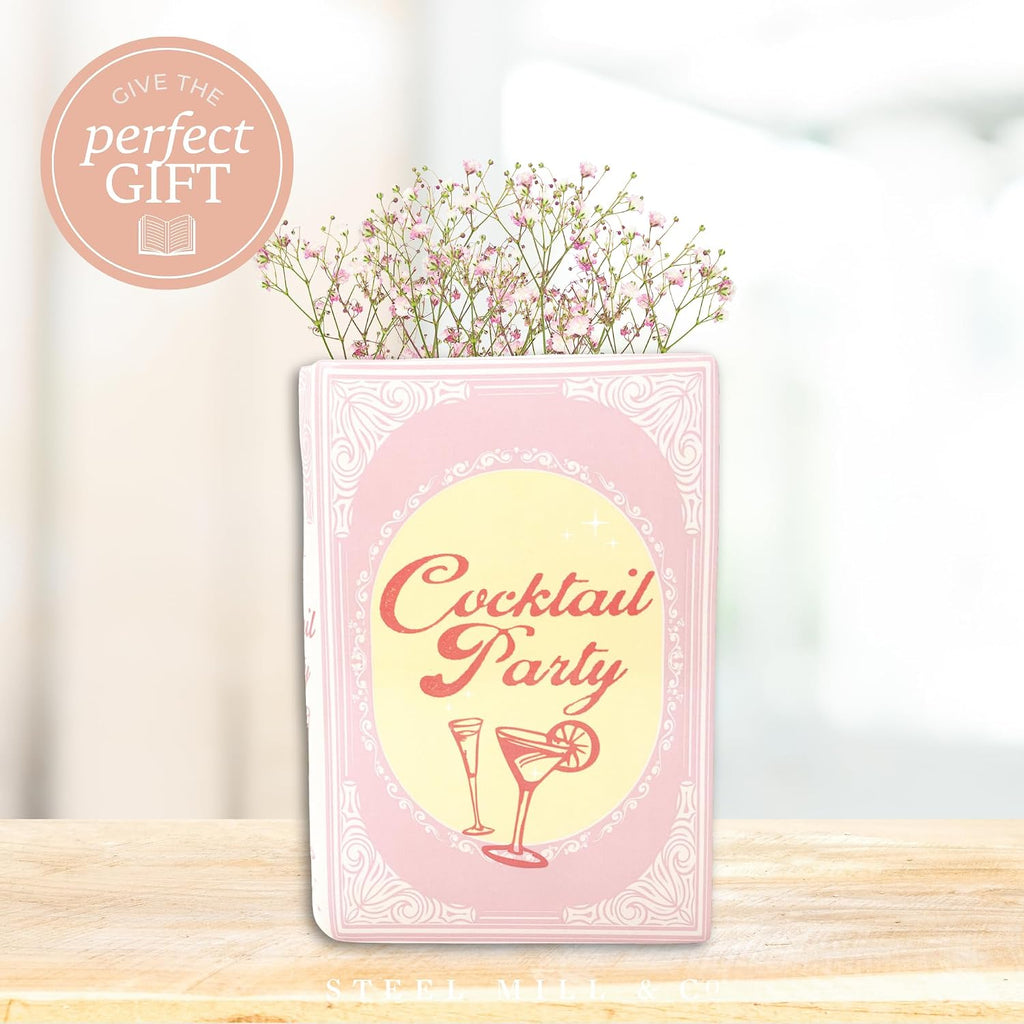 Steel Mill & Co Original Cocktail Recipe Book-Shaped Decorative Vase, Ceramic Vases for Home Decor, Vintage Inspired Kitchen and Bar Cart Decor, Unique Vase for Book Lovers (Cocktail Party)