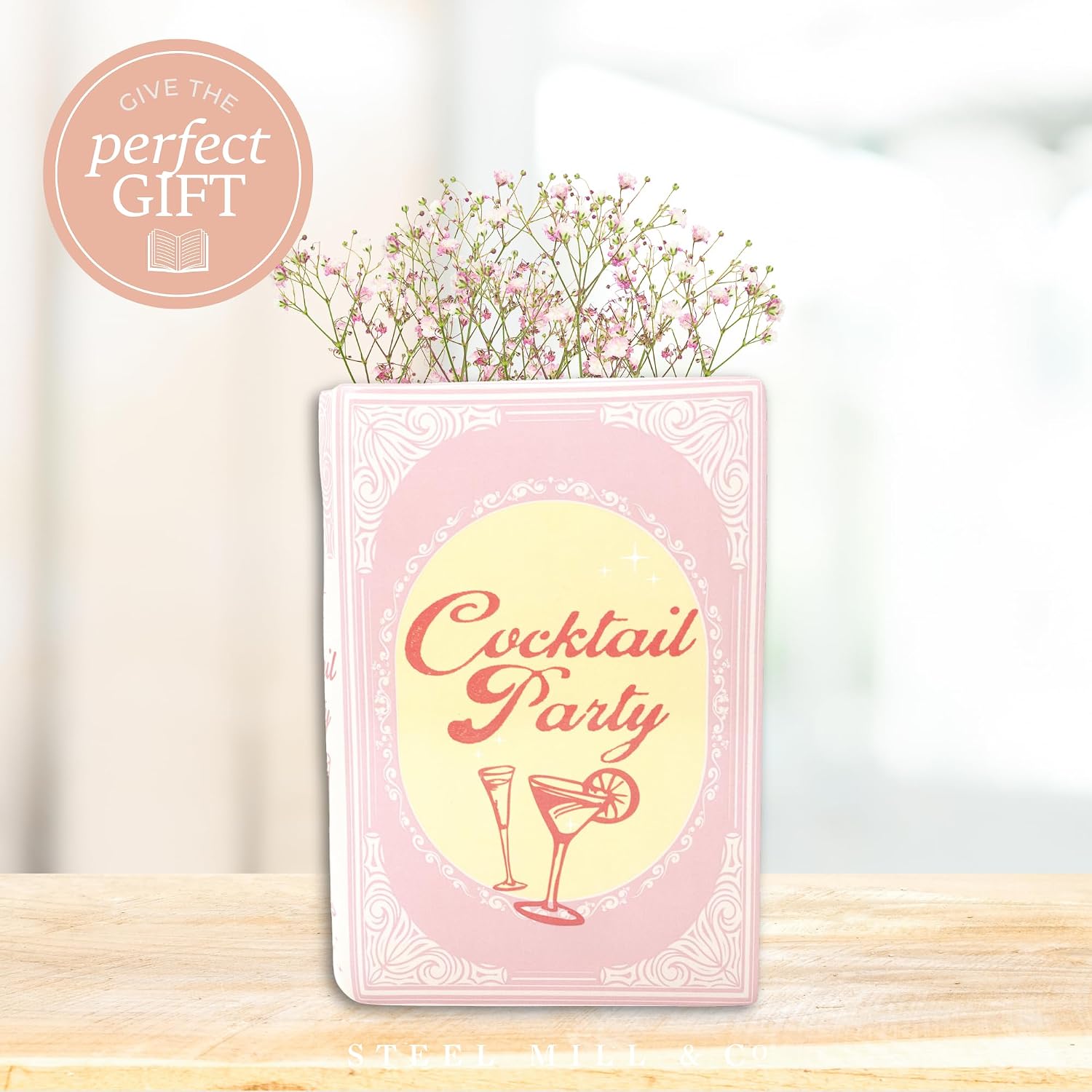 Steel Mill & Co Original Cocktail Recipe Book-Shaped Decorative Vase, Ceramic Vases for Home Decor, Vintage Inspired Kitchen and Bar Cart Decor, Unique Vase for Book Lovers (Cocktail Party)
