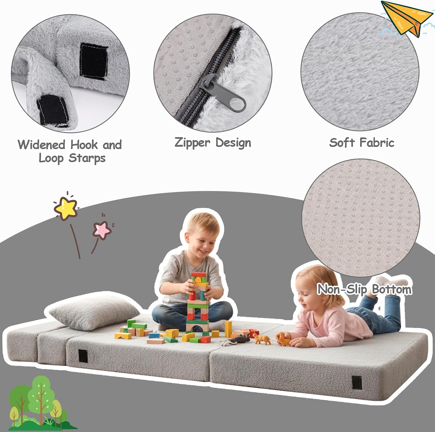 Tiita Kids Floor Mattress for Toddler, Child Fold Up Sofa Couch Convertible Futon Folding Chair with Storage Bag for Kids, Plush Grey
