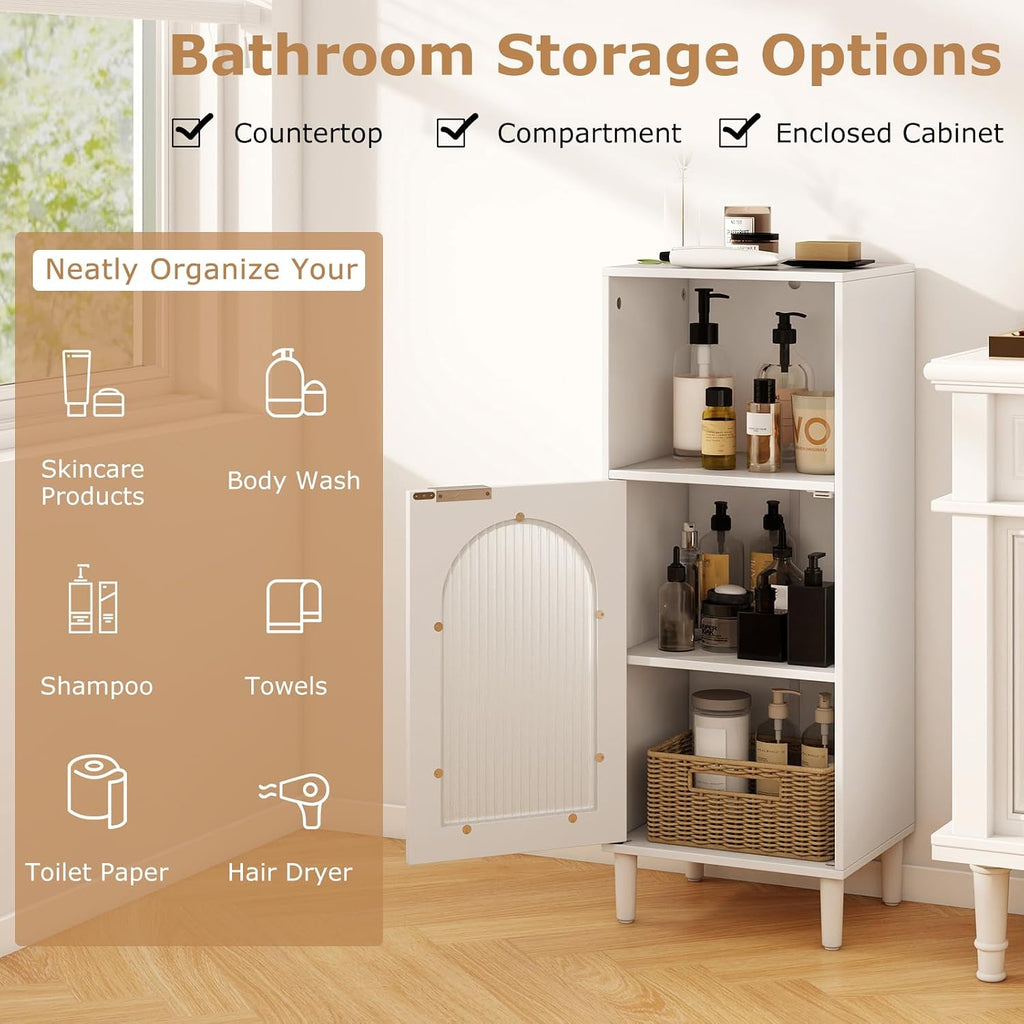 Tangkula Bathroom Floor Cabinet, Wood Side Storage Organizer with Adjustable Shelf, Tempered Glass Door, Anti-Tipping Kit & Solid Wood Legs, Narrow Cabinet for Living Room (White, 14” x 12” x 35.5”)