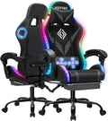 Gaming Chair with Bluetooth Speakers and RGB LED Lights Ergonomic Massage Computer Gaming Chair with Footrest Video Game Chair High Back with Lumbar Support Grey and Black