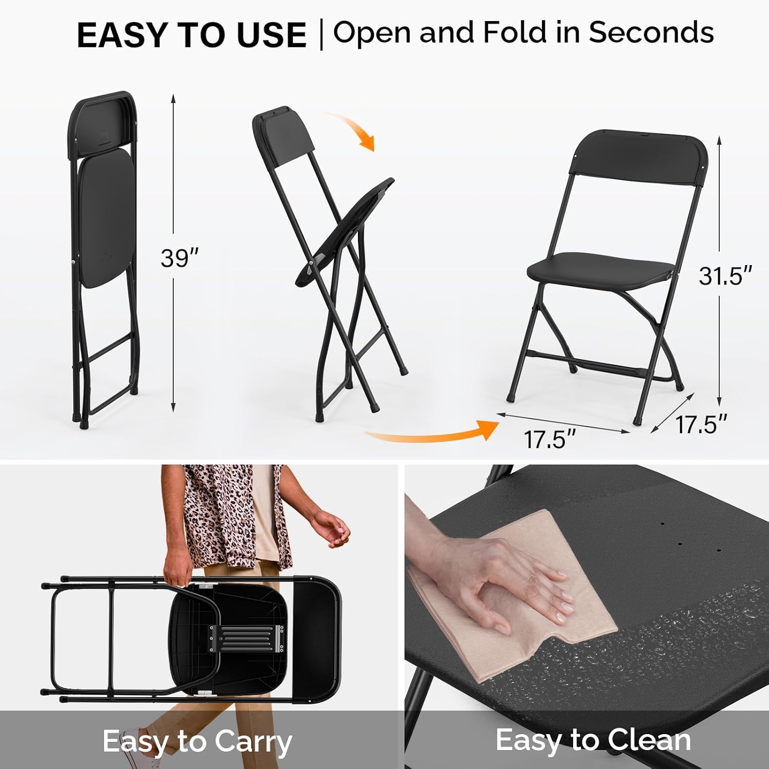 VINGLI 1 Pack Black Plastic Folding Chair, Indoor Outdoor Portable Stackable Commercial Seat with Steel Frame 350lb. Capacity for Events Office Wedding Party Picnic Kitchen Dining