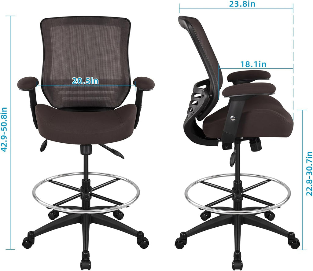 BOLISS 400lbs Mesh Ergonomic Drafting Chair,Tall Office Chair, Standing Desk Chair,Height Adjustable Armrest,Lumbar Support,Foot Ring,Swivel Computer Task Chair(Brown)