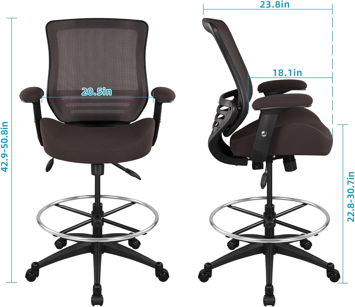BOLISS 400lbs Mesh Ergonomic Drafting Chair,Tall Office Chair, Standing Desk Chair,Height Adjustable Armrest,Lumbar Support,Foot Ring,Swivel Computer Task Chair(Brown)