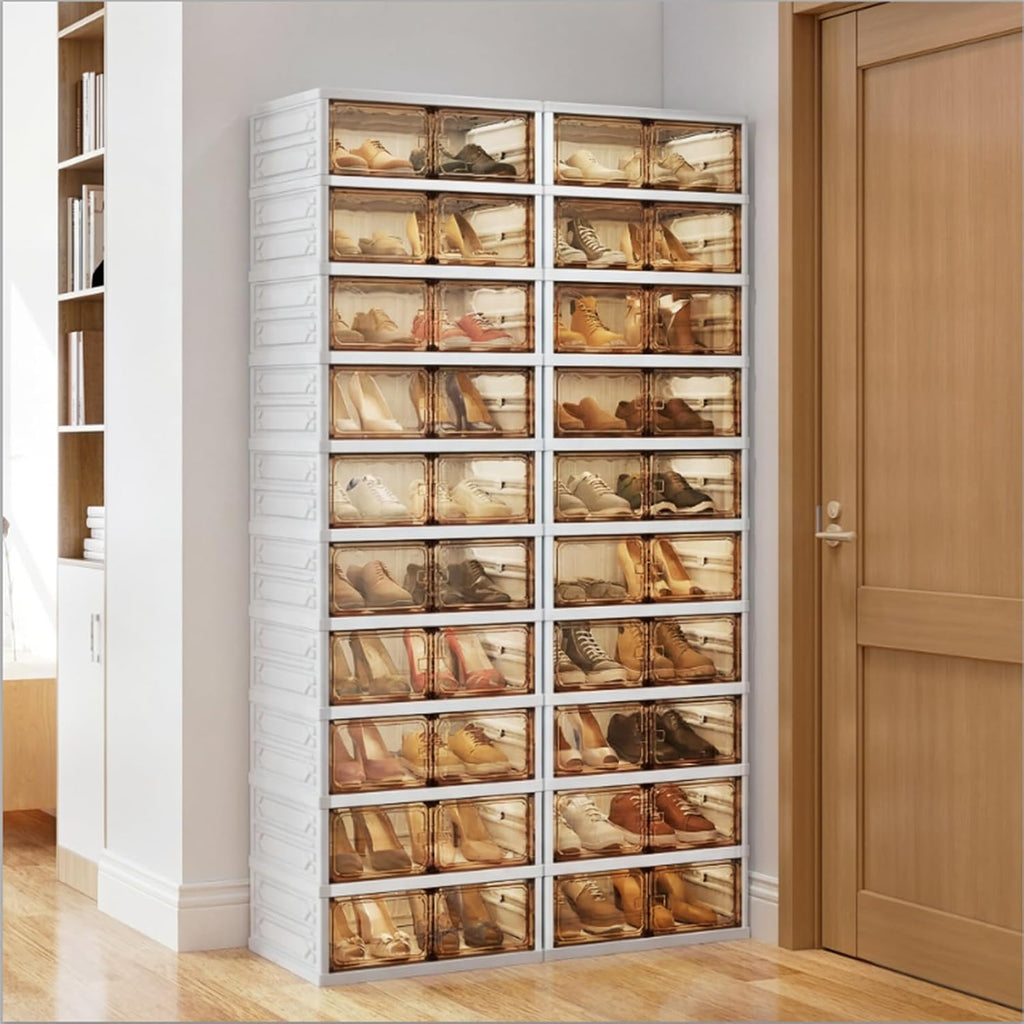 10-Tier Foldable Shoe Rack Organizer, 40 Pairs Stackable & Collapsible Shoe Cabinet with Transparent Doors & Leather Handles, Space-Saving Storage for Closet, Kitchen, Cabinet (No Boots Tier)