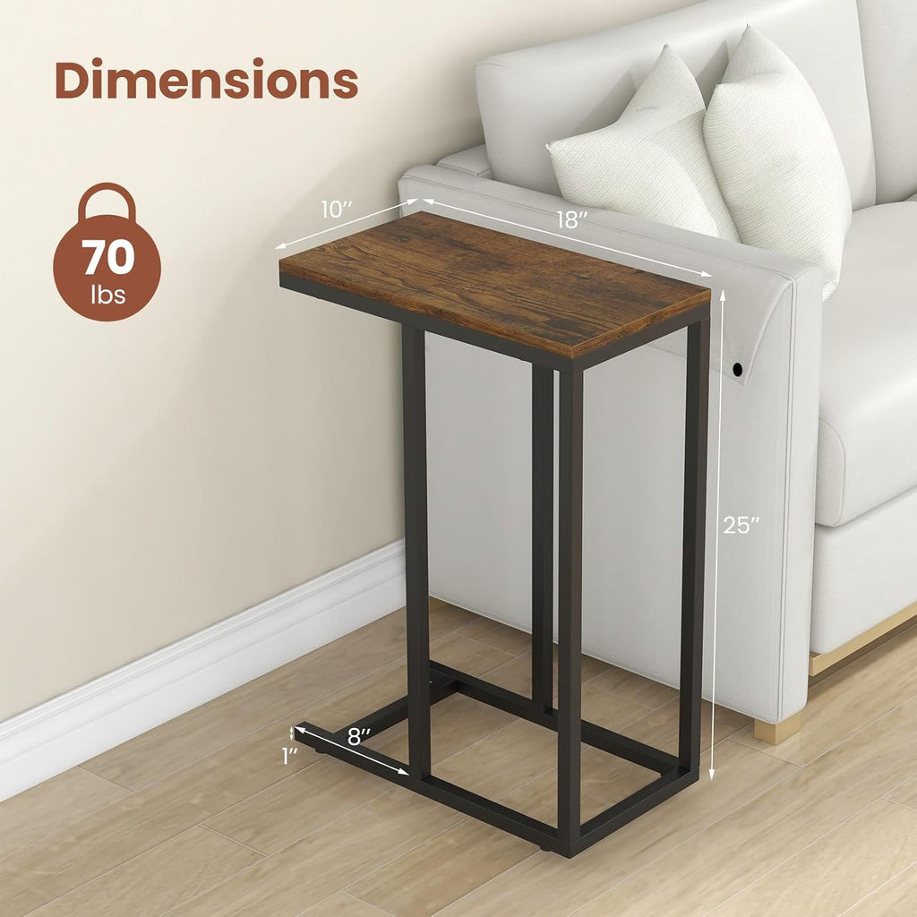 HOMGX C-Shaped Sofa Side Table, Industrial End Table with Metal Frame, Compact Bedside Table, Couch Side Table for Bedroom, Study, Living Room (Rustic Brown)