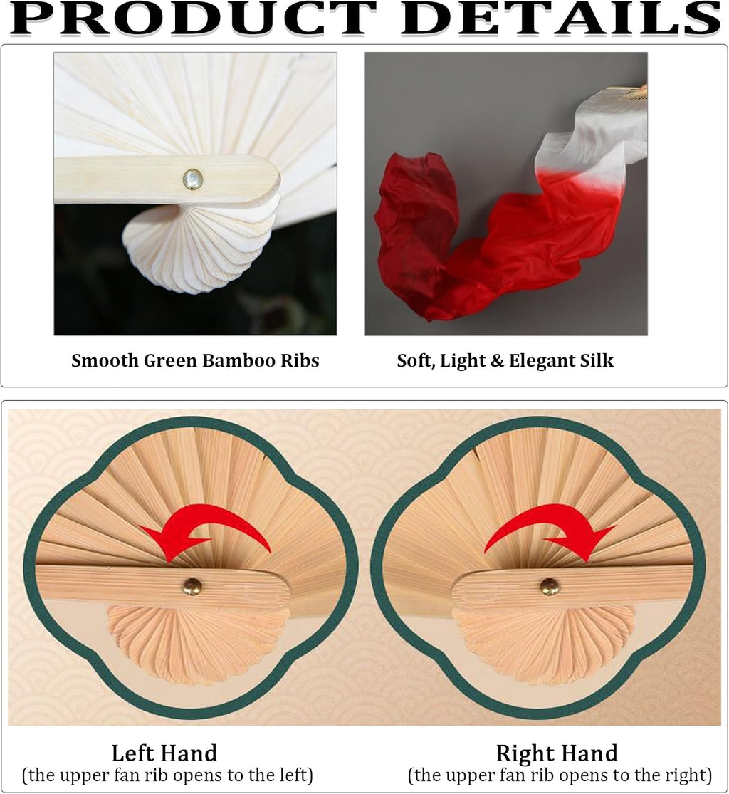 1 Pair(Left+Right) Belly Dance Faux Silk Veil Fans Bamboo Long Dance Fans Veil for Dancing Performance Stage Shows