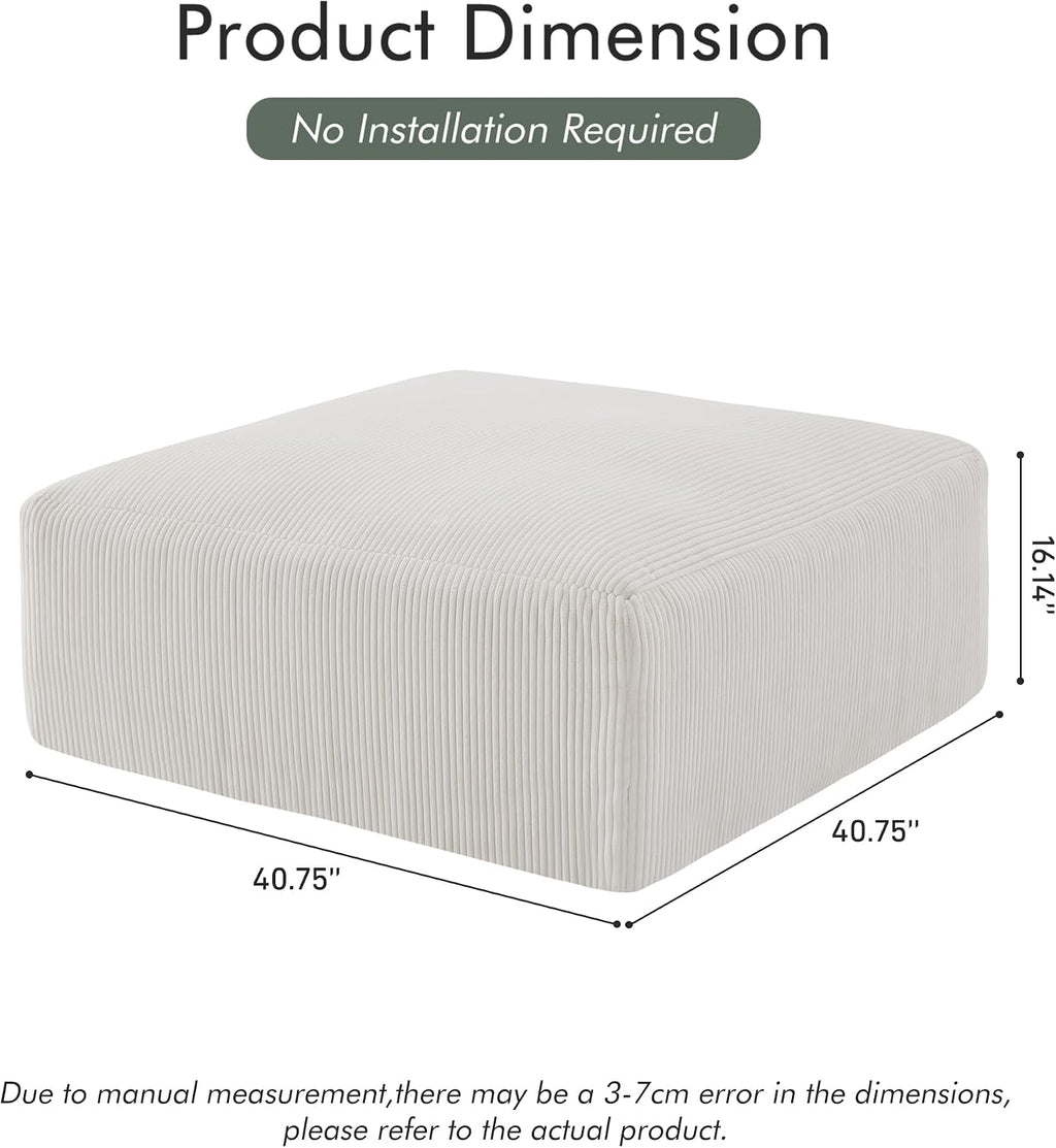 Gericco 113" Modular Sectional Couch, Cloud Boneless Sofa with Deep Seats, Upholstered Corduroy Square Stuffed Ottoman Pouf, 40 * 40 Inch Furry & Fluffy Movable Foot Stool for Living Room, Beige