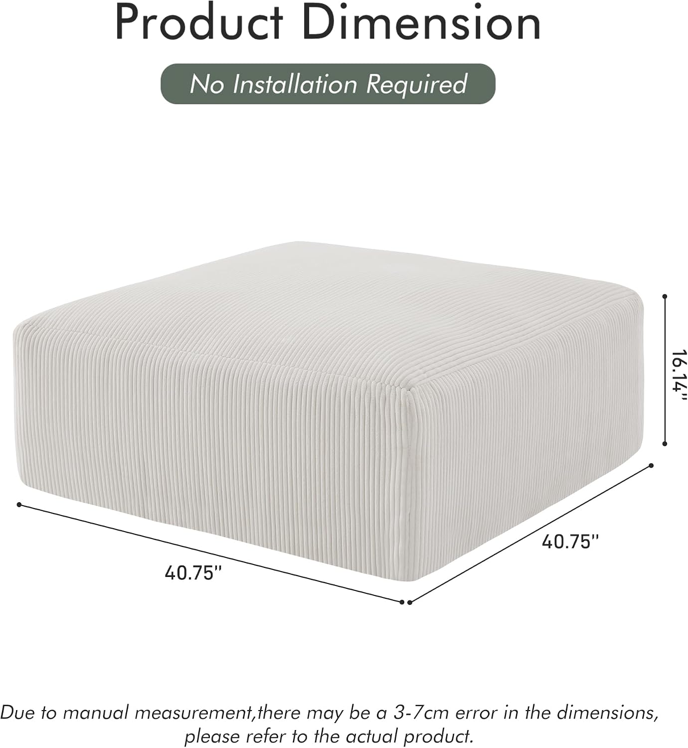 Gericco 113" Modular Sectional Couch, Cloud Boneless Sofa with Deep Seats, Upholstered Corduroy Square Stuffed Ottoman Pouf, 40 * 40 Inch Furry & Fluffy Movable Foot Stool for Living Room, Beige