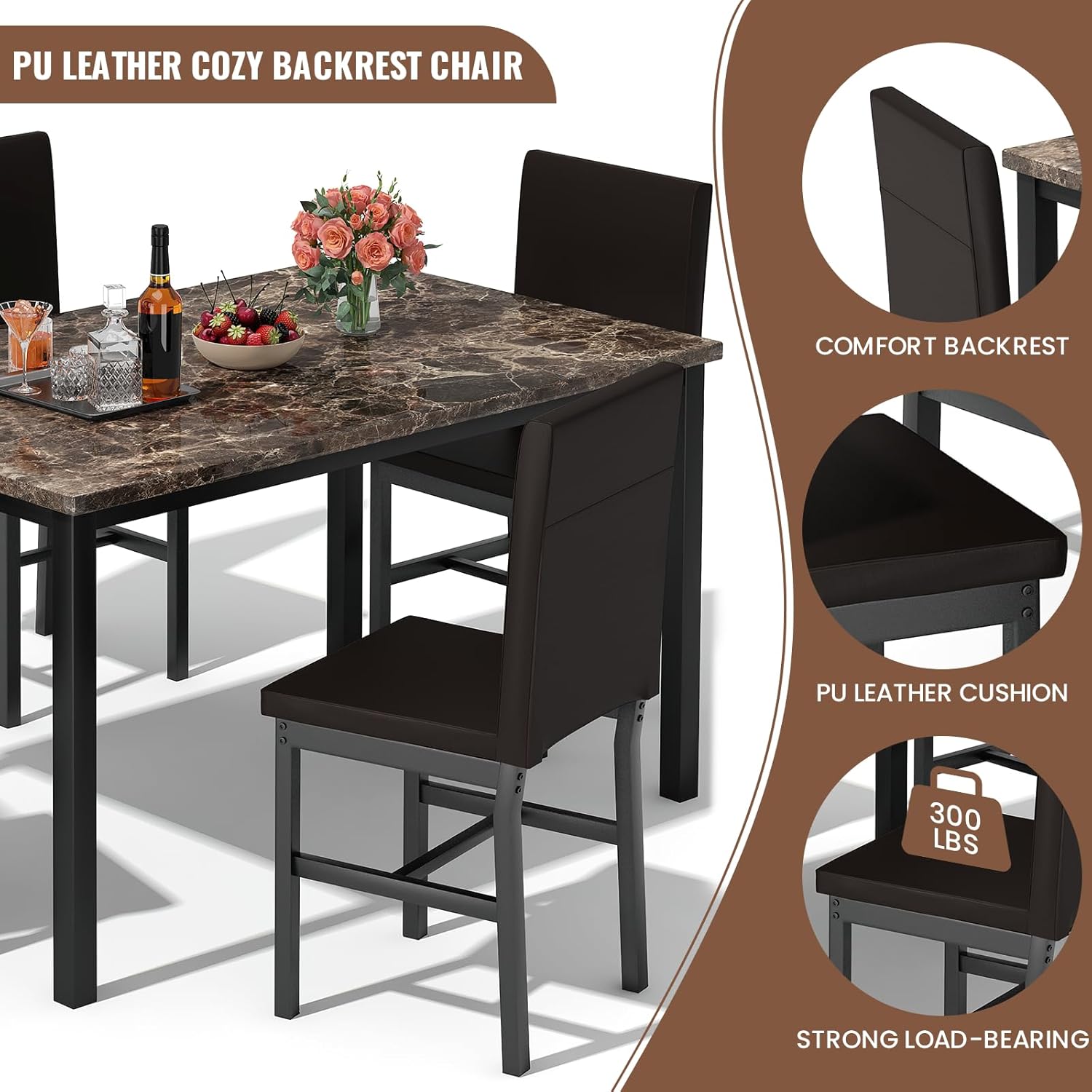 Hooseng 5 Piece Dining Table Set for 4, Faux Marble Kitchen Table with Upholstered Chairs, Modern Dinner Table Set for Dining Room, Apartment, Small Spaces, Brown＆Brown