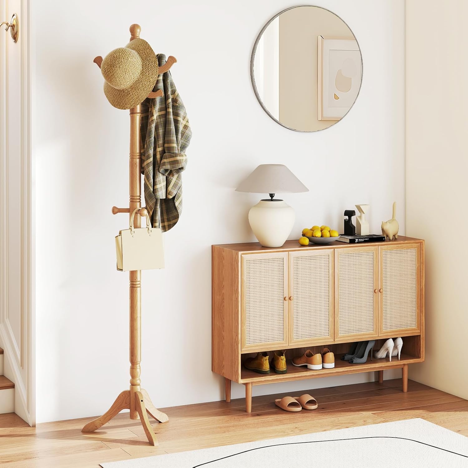 Giantex Solid Wood Coat Rack, Freestanding Hall Tree with 3 Adjustable Heights and 11 Hooks, Rubber Wood Frame, Entryway Hanger Stand, Wooden Garment Rack for Hallway, Living Room (Natural)