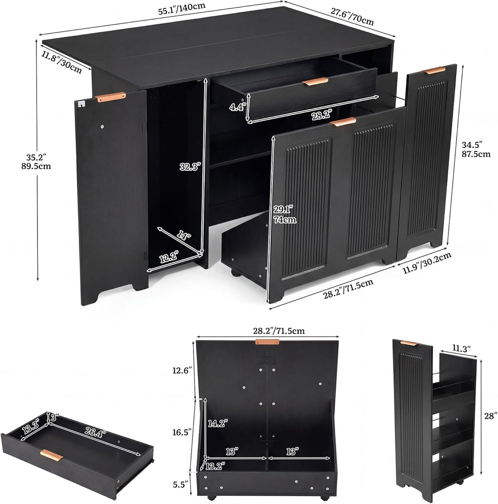 YITAHOME Expandable Kitchen Island with Hidden Trash Cabinet, 55.1" Rolling Kitchen Island with Drop Leaf, Storage Drawer & 3-Tier Side Shelves, Mobile Kitchen Island on Wheels with Towel Bar & Hooks