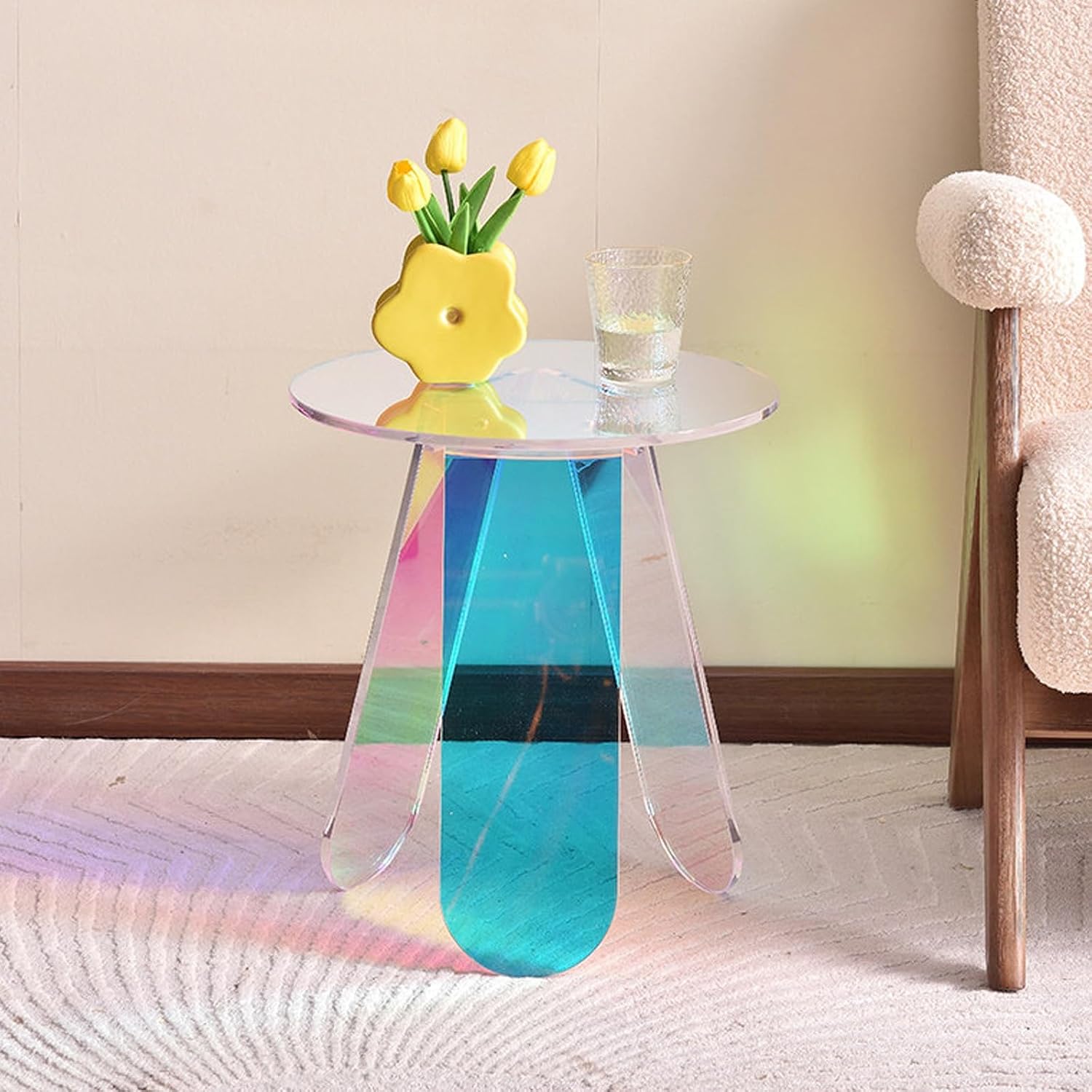 Round Iridescent Side Table, Acrylic Coffee Table, Modern Accent Tablé, Easy Assemble, for Small Space Living Room(Colorful,15.7x17.7)