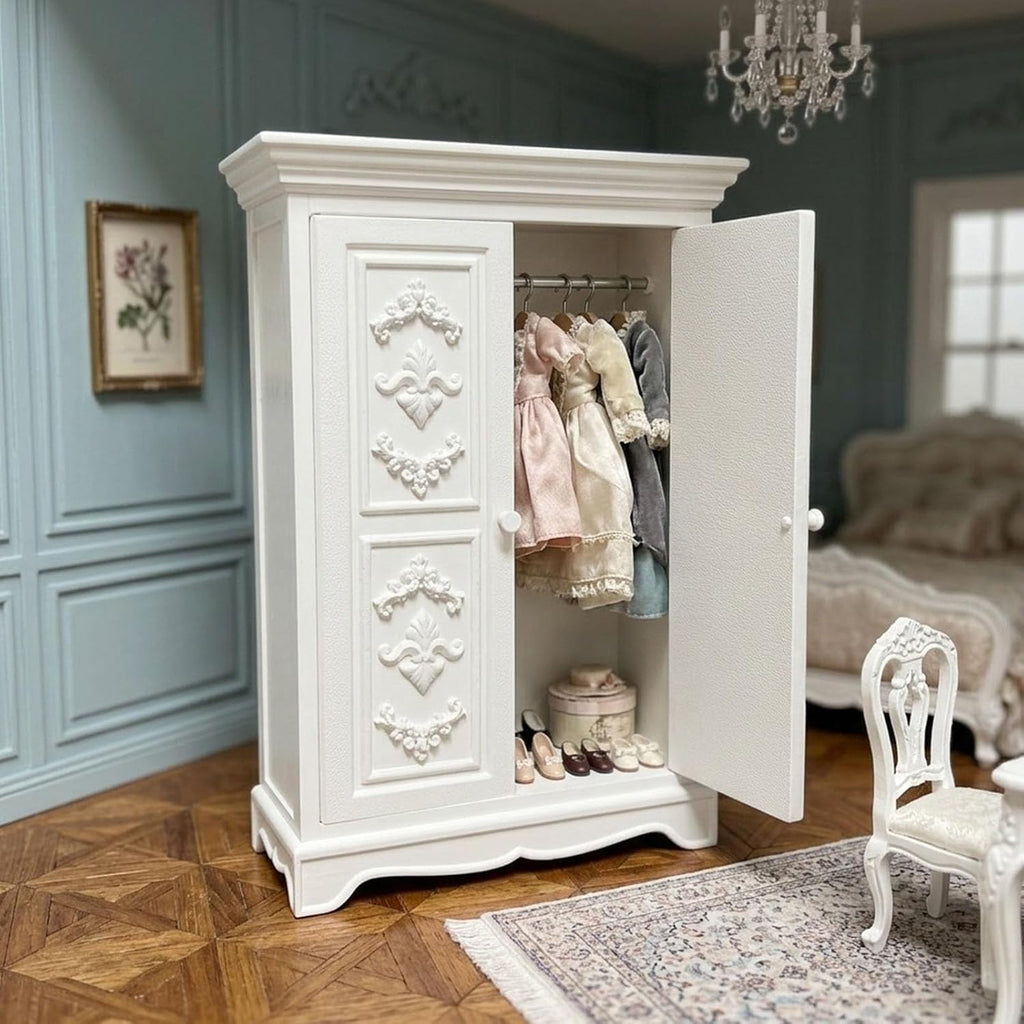 Small-Scale Wardrobe Furniture, French Inspired Double Door Armoire with White Relief Panels for Bedroom Display and Room Box Decor Small Scale Wardrobe French Armoire Double Door Cabinet White Relief