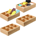 Maitys 4 Pcs Bamboo Divided Storage Organizer Bamboo Container with 6 Compartments Food Storage Bin Wooden Tea Drawer Box Bin Holder Case for Snacks Tea Bags Coffee Sugar