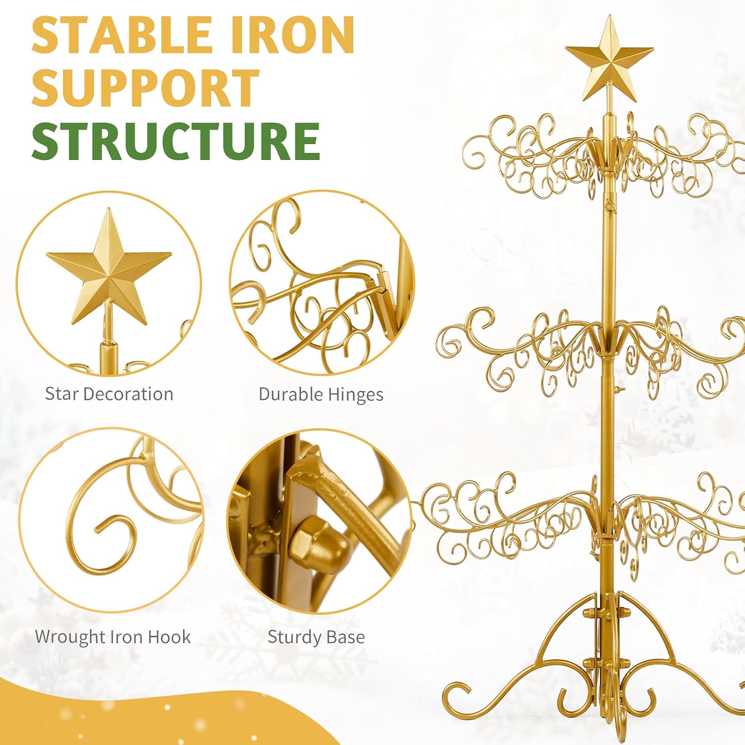 Karl home Metal Ornament Display Tree Stand, 3ft Wrought Iron Christmas Tree for Halloween Christmas Balls Bauble Decorations Gift Craft(Yellow)