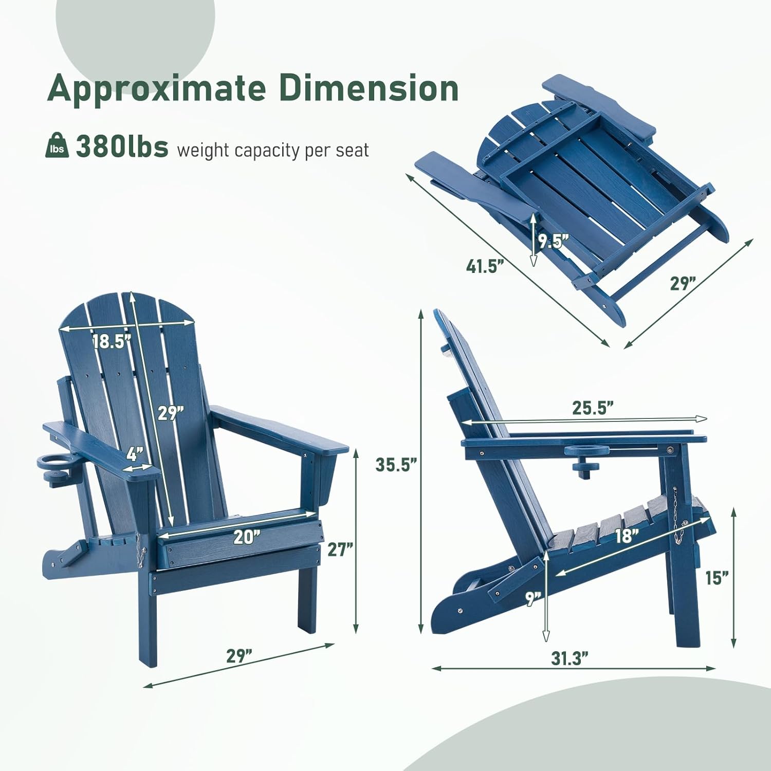 Furnimart Folding Adirondack Chairs Set of 2, Outdoor HDPE Patio Chairs - Wood Look with Cup Holders, Plastic Chairs Weather-Resistant for Outside Garden Balcony Lawn, Blue 2pcs
