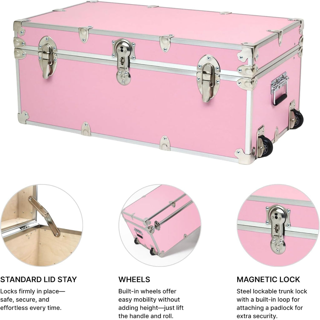 Rhino Trunk & Case Small Essential Trunk With Wheels, Tray, & Lid Organizer - 30"x17"x13", 1000+ lbs Capacity. Strong, USA Made Summer Camp Footlocker, and Secure College Dorm Storage Chest