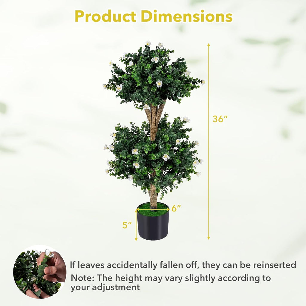 Goplus 3 FT Artificial Double Ball Boxwood Topiary Trees, Set of 2 Faux Bush Plant w/41 Blossoms, Cement-Filled Plastic Pot, Sun-Proof Indoor Outdoor Fake Greenery for Porch Home Decoration (White)