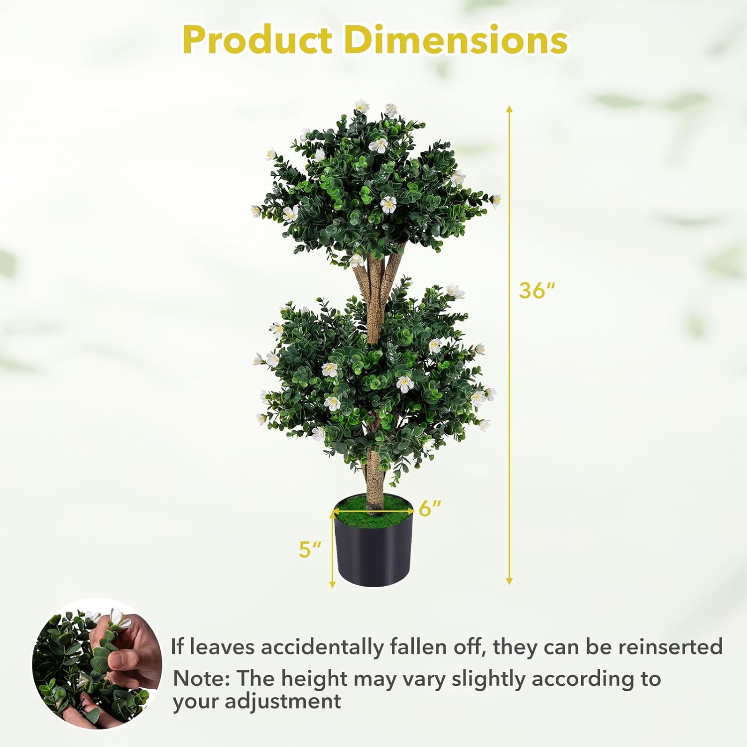 Goplus 3 FT Artificial Double Ball Boxwood Topiary Trees, Set of 2 Faux Bush Plant w/41 Blossoms, Cement-Filled Plastic Pot, Sun-Proof Indoor Outdoor Fake Greenery for Porch Home Decoration (White)
