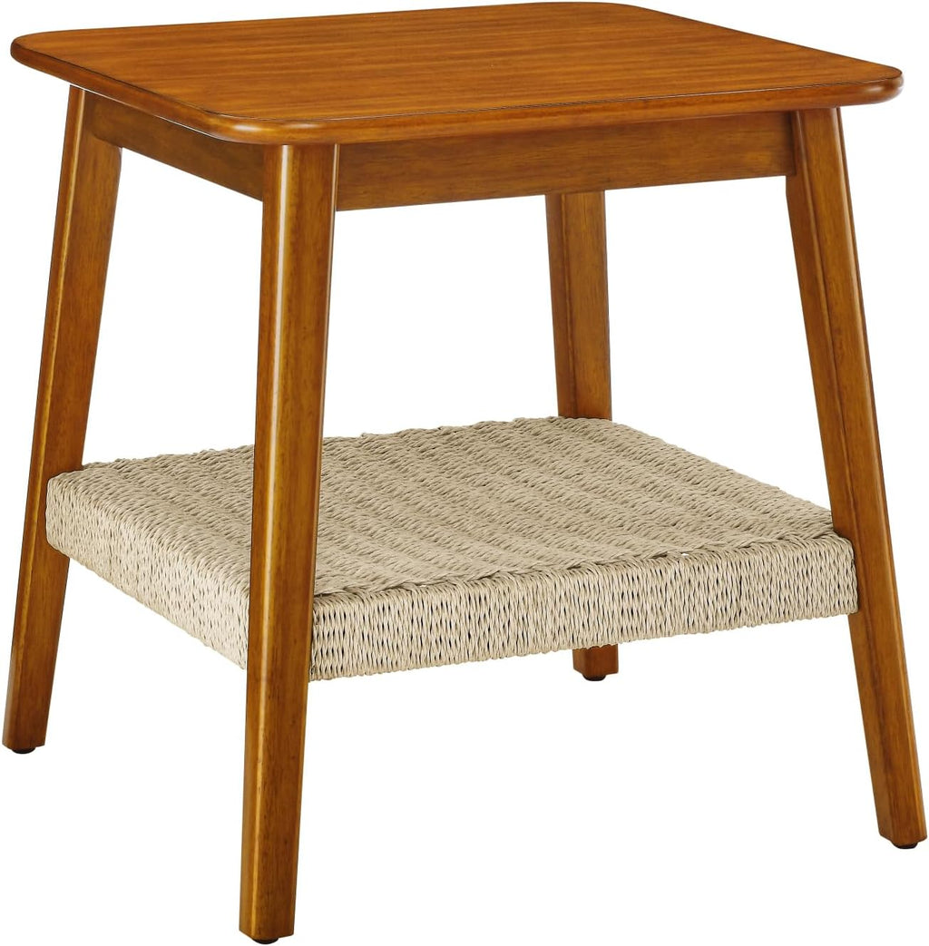 Geelife 23" Mid-Century Side Table with Woven Shelf, Boho Side Table with Storage