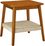 Geelife 23" Mid-Century Side Table with Woven Shelf, Boho Side Table with Storage