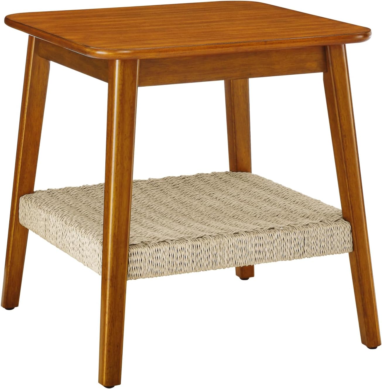 Geelife 23" Mid-Century Side Table with Woven Shelf, Boho Side Table with Storage
