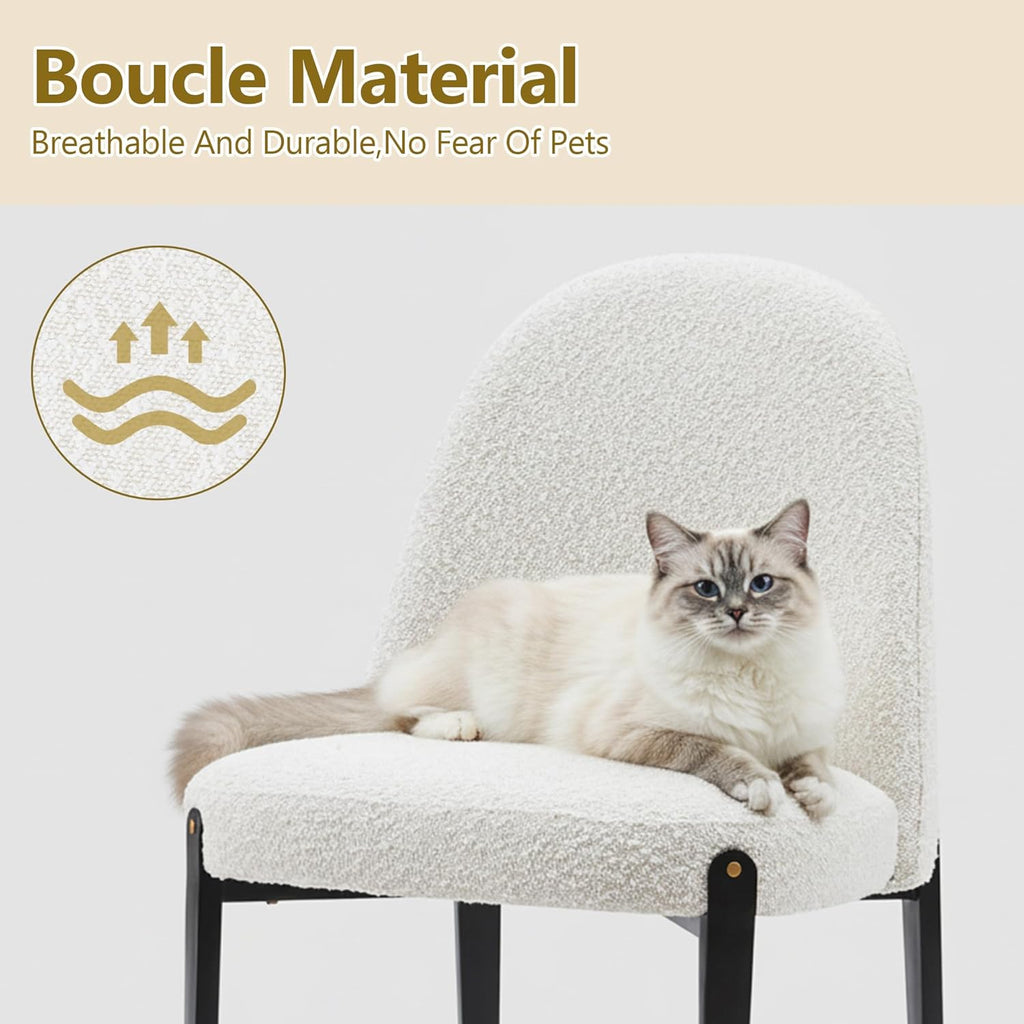 Morden Fort Boucle Dining Chairs Set of 4, Thick Upholstered Chairs with Metal Legs & Curved Backrest, Post Modern Minimalist Chair for Dining Room, Kitchen, Living Room, Bedroom, Apartments, White