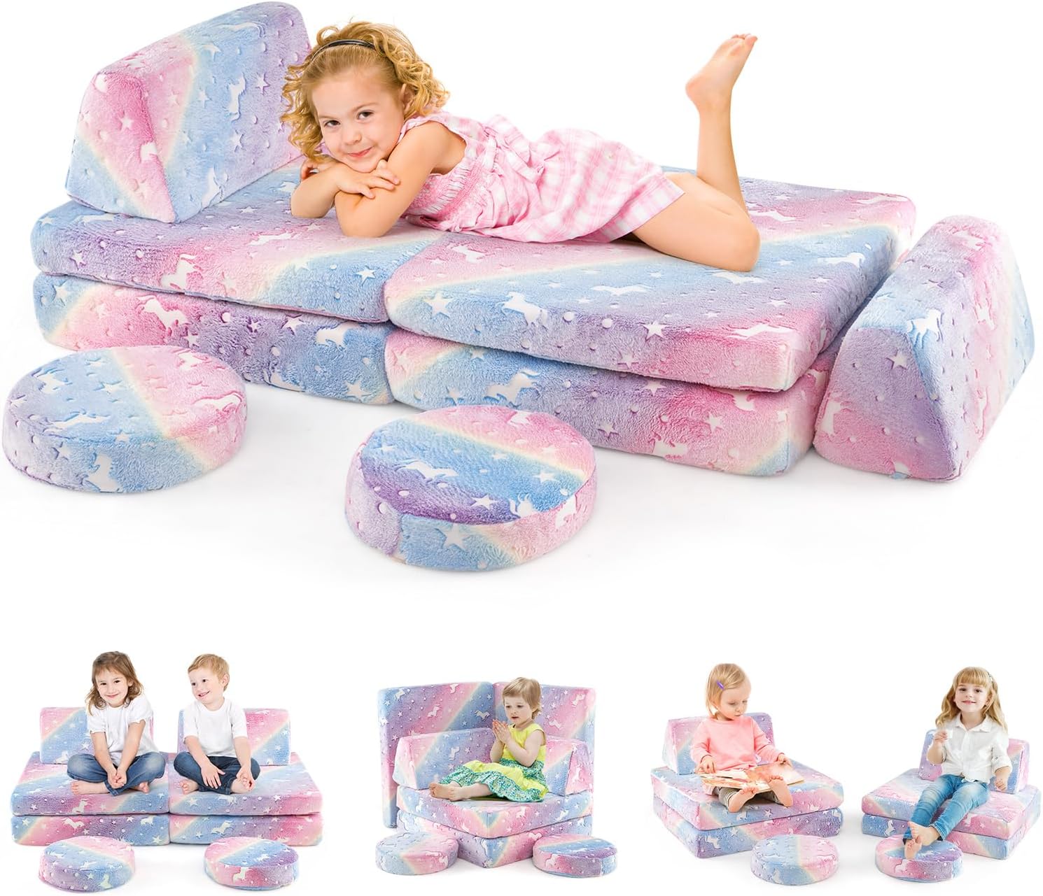 Costzon Kids Couch Set Convertible, Toddler Chair Glow in The Dark, Folding Children Sofa Couch, Bedroom and Playroom Furniture for Toddlers, Comfy Foam and Floor Cushion Gift for Boys and Girls