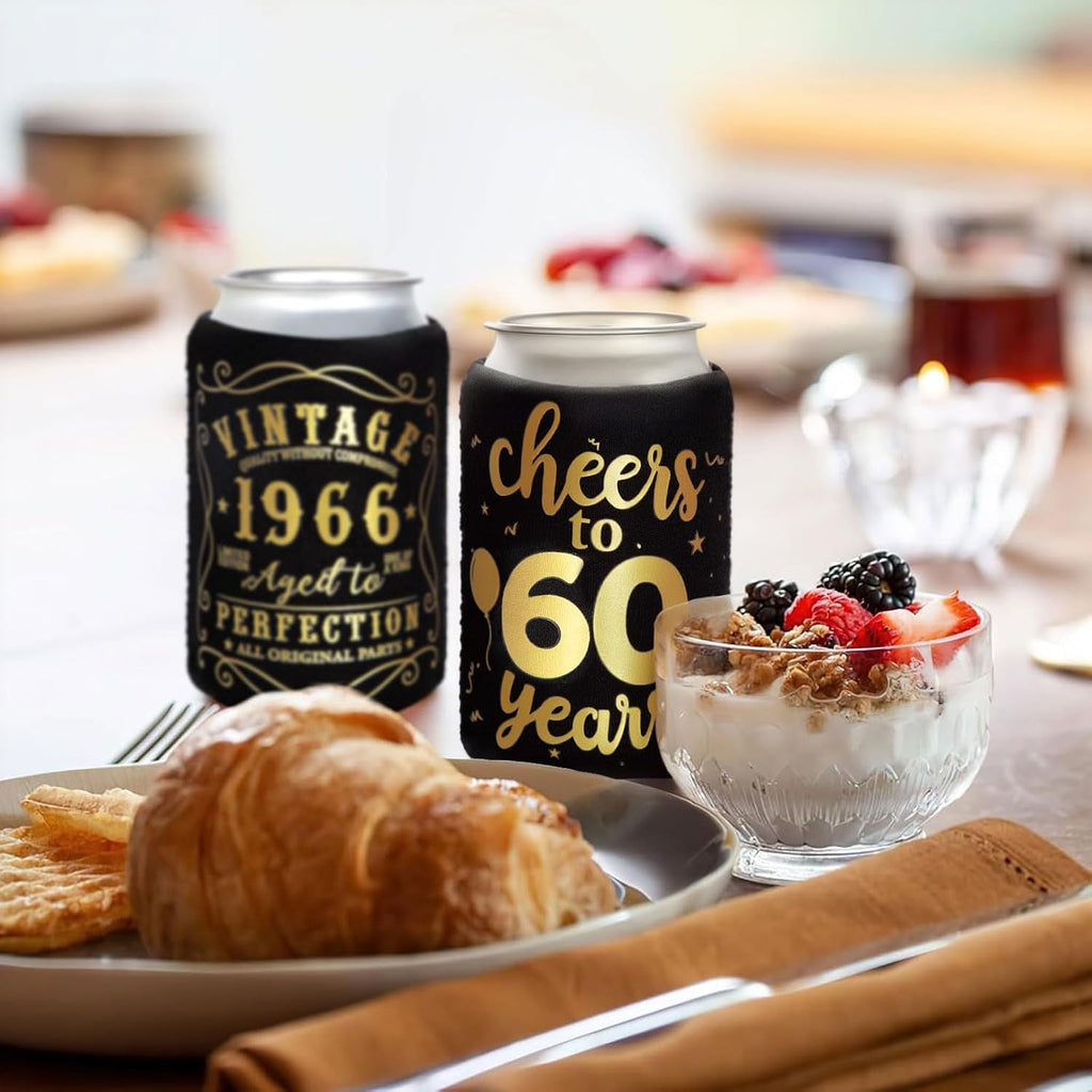 12Pack 60th Vintage Birthday Can Sleeves, Cheers to 60 Years Vintage 1966 60th Party Favor Decorations, Black and Gold Neoprene Soda Can Beverage Cooler Holder Sleeves for Sixty Year Old