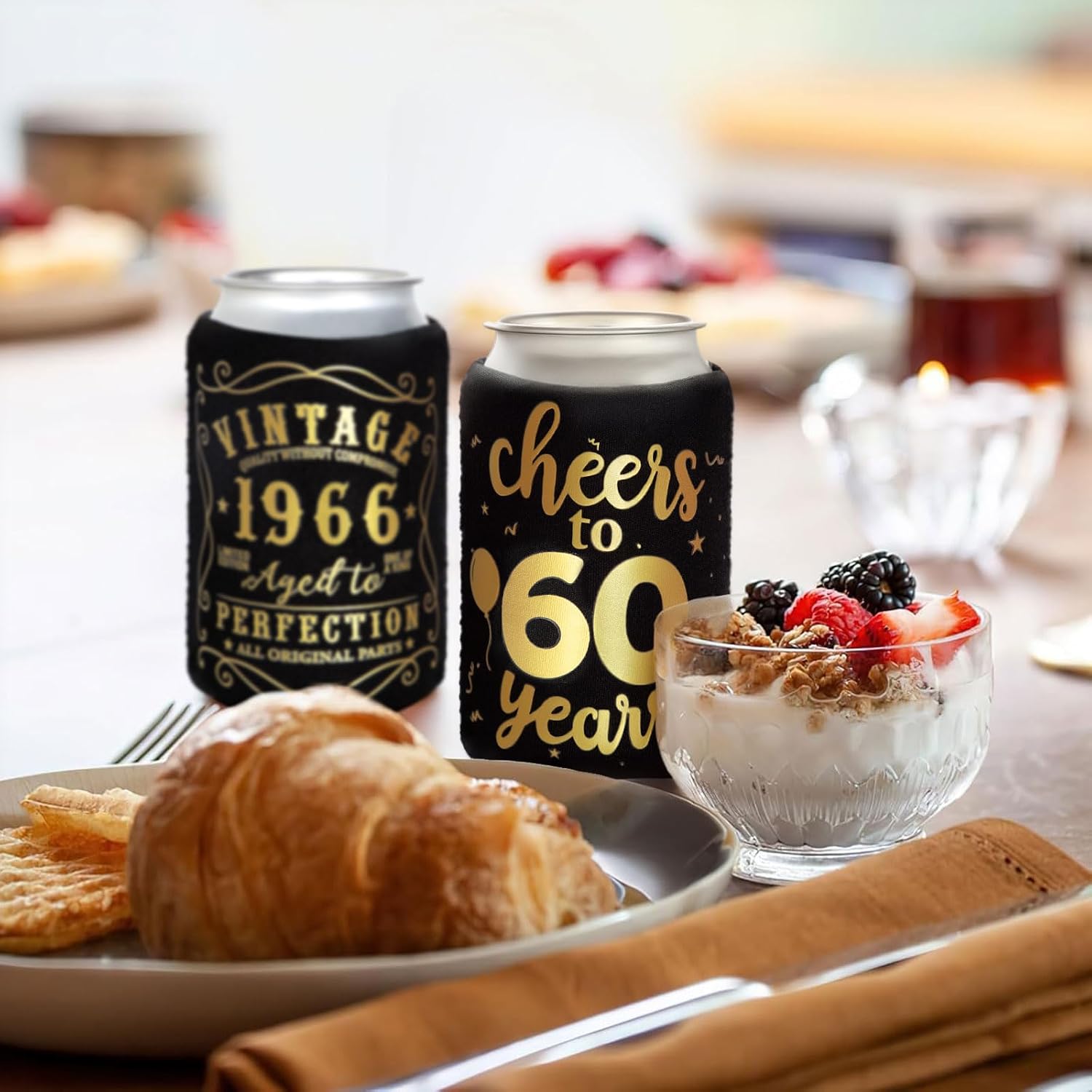 12Pack 60th Vintage Birthday Can Sleeves, Cheers to 60 Years Vintage 1966 60th Party Favor Decorations, Black and Gold Neoprene Soda Can Beverage Cooler Holder Sleeves for Sixty Year Old