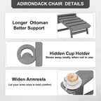 Folding Adirondack Chair with Retractable Ottoman,HDPE Outdoor Adirondack Chair with Cup Holder,All-Weather Lounge Chairs for Outside,Patio,Pool,Fire Pit,Grey