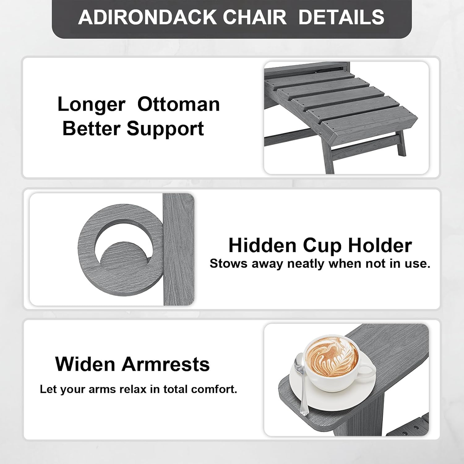 Folding Adirondack Chair with Retractable Ottoman,HDPE Outdoor Adirondack Chair with Cup Holder,All-Weather Lounge Chairs for Outside,Patio,Pool,Fire Pit,Grey