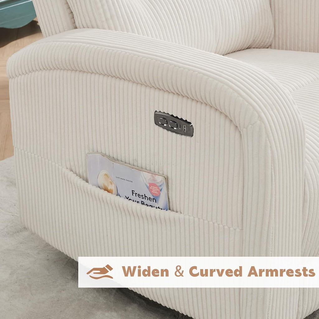 Power Swivel Rocker Recliner, Upholstered Glider Recliner Nursery Chair with Type-C & USB Port, Swivel Rocking Nursery Recliners with Double Pockets for Living Room Bedroom, Corduroy Cream White