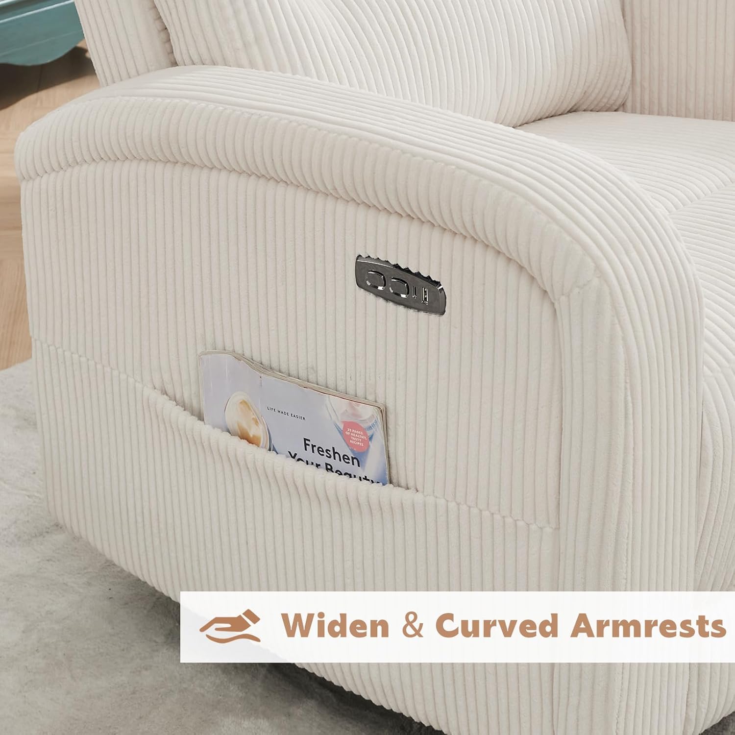 Power Swivel Rocker Recliner, Upholstered Glider Recliner Nursery Chair with Type-C & USB Port, Swivel Rocking Nursery Recliners with Double Pockets for Living Room Bedroom, Corduroy Cream White