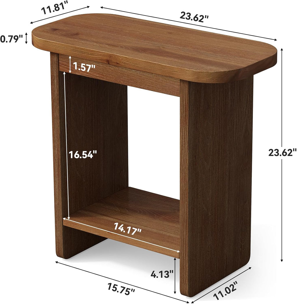 Genuine Solid Wood Side Table, H-Shaped 2-Tier End Table with Storage Shelf, Farmhouse Narrow Nightstand for Living Room, Bedroom, Couch & Armchair, Easy 30-Minute Assembly, Natural Brown
