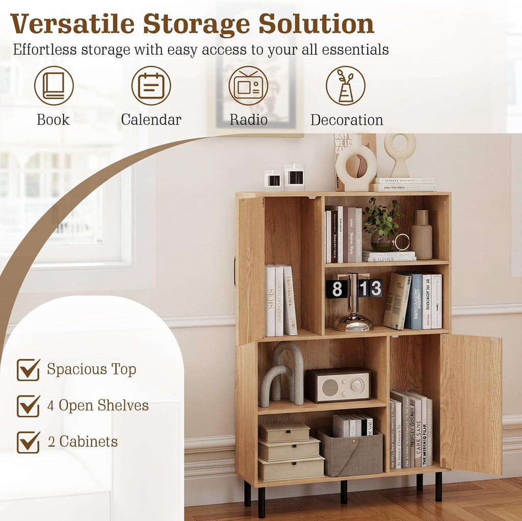 Giantex 47-Inches Storage Cabinet with Doors, Open Shelves, Anti-Tipping Device, 4-Tier Bookcase for Books & Photos, Tall Cupboard, Floor Cabinet for Living Room, Kitchen Buffet Sideboard (Natural)